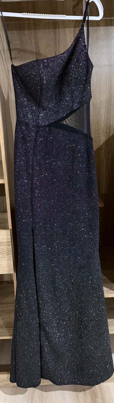 Windsor Alluring Glimmer One-Shoulder Glitter Gown with Mesh Cutout